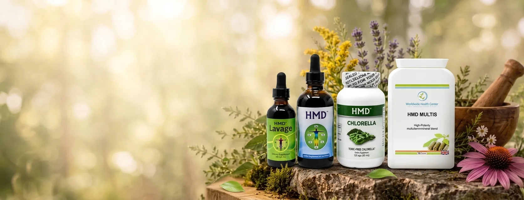 HMD&reg; Lavage, HMD&reg;, HMD&reg; Chlorella and HMD&reg; Multis bottles