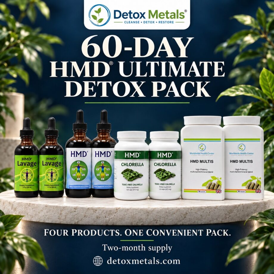 60-Day HMD® Ultimate Detox Pack, eight bottles on a stone stand