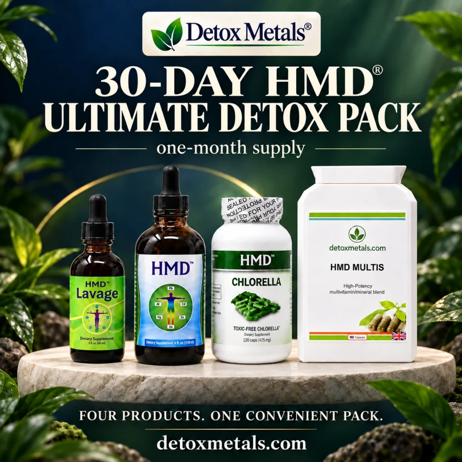 30-Day HMD® Ultimate Detox Pack, four products on a stone stand